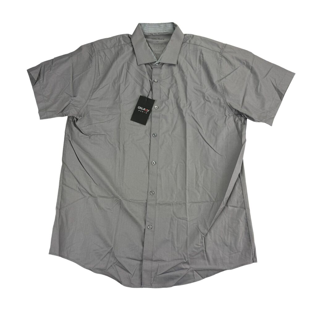 Galaxy by Harvic Mens Quick Dry Slim Fit Short Sleeve Button Down Shirt Gray XL